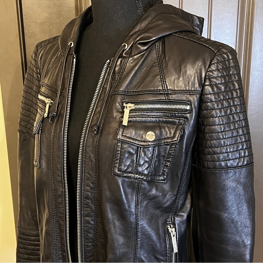 MICHAEL KORS Genuine Leather Hooded Moto Jacket, Size Large - Picture 4 of 12